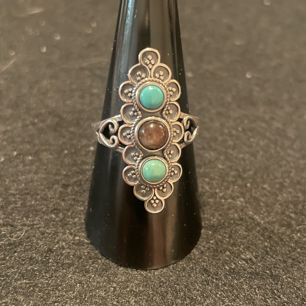 Elegant 925 Sterling Silver and Turquoise with gold sheen obsidian gemstone Ring